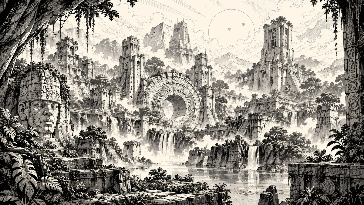 Black-and-white line drawing of an overgrown stone city: a giant carved head, tiered towers and a round calendar-stone gate among waterfalls.