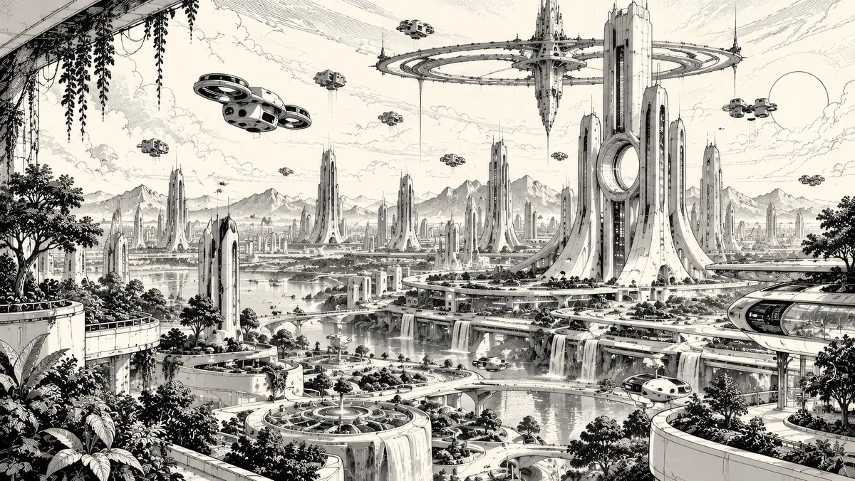 Black-and-white line drawing of a white city of slender towers around a central ring tower, with drones overhead and gardens and waterfalls below.