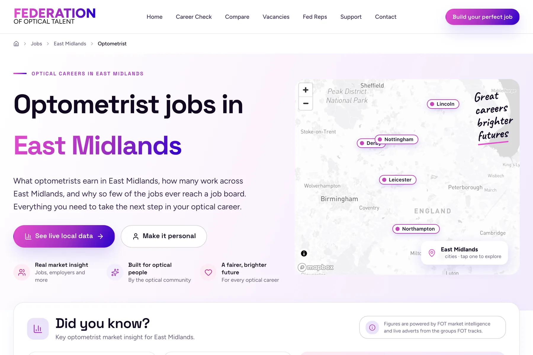 A Federation of Optical Talent region page: optometrist jobs in East Midlands, with a map of the cities covered